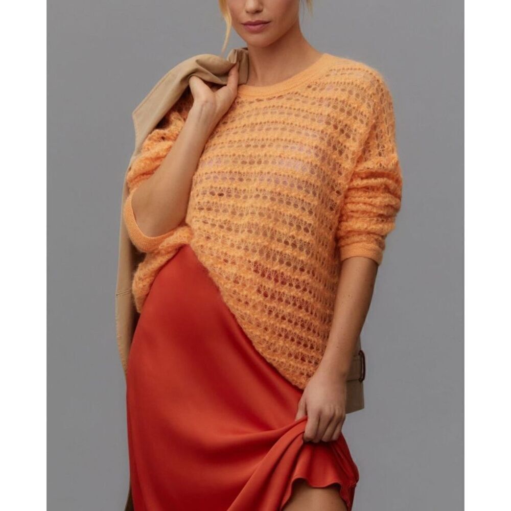 Anthropologie Orange sheer Open-Stitch Pullover Sweater oversized sz XS